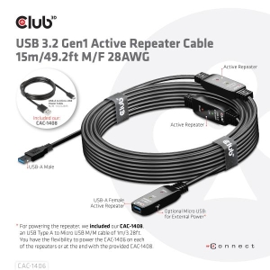 CLUB3D USB 3.2 Gen1 Active Repeater Cable 15m/ 49.2 ft M/F 28AWG