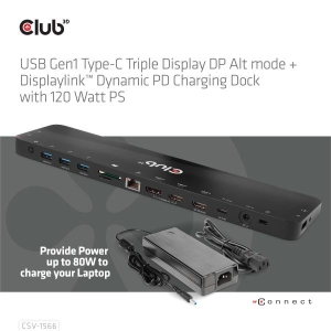 CLUB3D USB Gen1 Type-C Triple Display DP Alt mode Displaylink Dynamic PD Charging Dock met 120 Watt PS *Geschikt voor zwaardere 