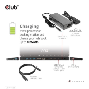 CLUB3D USB Gen1 Type-C Triple Display DP Alt mode Displaylink Dynamic PD Charging Dock met 120 Watt PS *Geschikt voor zwaardere 