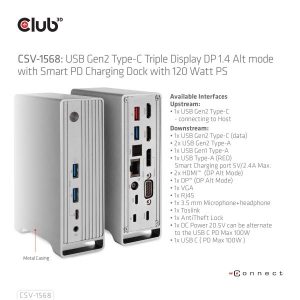 CLUB3D USB Gen2 Type-C Triple Display DP Alt mode Displaylink Dynamic PD Charging Dock met 120 Watt PS