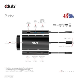 CLUB3D USB Gen2 Type-C to Dual DisplayPort 4k60Hz 7-in-1 HUB - 2x Displayport