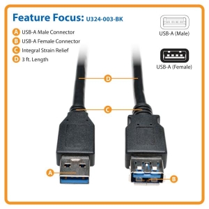 Tripp Lite U324-003-BK USB-kabel 0,91 m USB 3.2 Gen 1 (3.1 Gen 1) USB A 2 x USB A Zwart