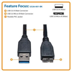 Tripp Lite U326-001-BK USB-kabel 0,3 m USB 3.2 Gen 1 (3.1 Gen 1) USB A Micro-USB B Zwart