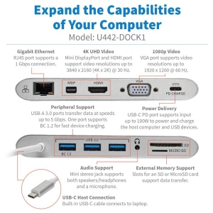 Tripp Lite U442-DOCK1 notebook dock & poortreplicator Bedraad USB 3.2 Gen 1 (3.1 Gen 1) Type-C Zilver