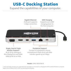 Tripp Lite U442-DOCK16-B notebook dock & poortreplicator Bedraad USB 3.2 Gen 1 (3.1 Gen 1) Type-C Grijs