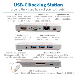 Tripp Lite U442-DOCK2-S notebook dock & poortreplicator Bedraad USB 3.2 Gen 2 (3.1 Gen 2) Type-C Zilver