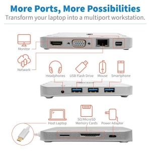 Tripp Lite U442-DOCK2-S notebook dock & poortreplicator Bedraad USB 3.2 Gen 2 (3.1 Gen 2) Type-C Zilver