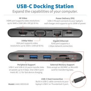 Tripp Lite U442-DOCK3-B notebook dock & poortreplicator Bedraad USB 3.2 Gen 2 (3.1 Gen 2) Type-C Zwart