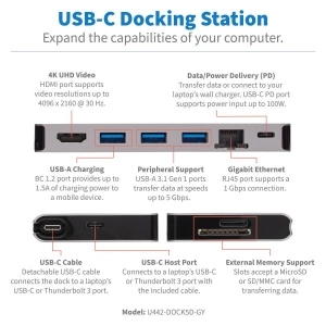 Tripp Lite U442-DOCK5D-GY notebook dock & poortreplicator Bedraad USB 3.2 Gen 1 (3.1 Gen 1) Type-C Grijs