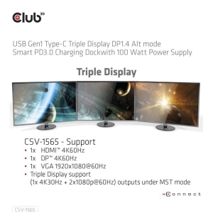 CLUB3D USB Gen1 Type-C Triple Display DP1.4 Alt mode Smart PD3.0 Charging Dock with 100 Watt Power Supply