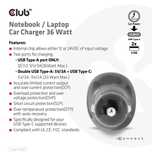 CLUB3D Notebook / Laptop Car Charger 36 Watt