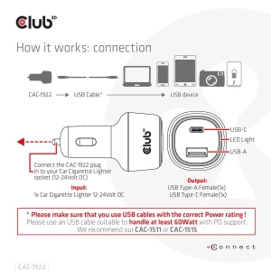 CLUB3D Notebook / Laptop Power Car Charger 63 Watt