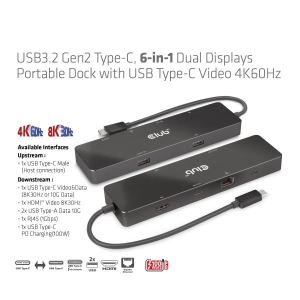 CLUB3D USB3.2 Gen2 Type-C, 6-in-1 Dual Displays Portable Dock with USB Type-C Video 4K60Hz